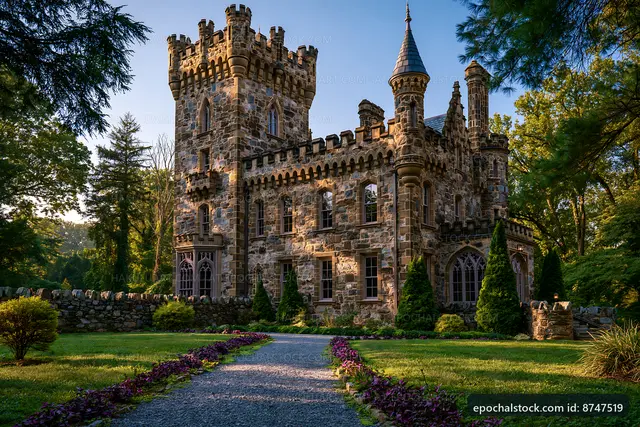 Castle with stone walls and tall spires surrounded by greenery