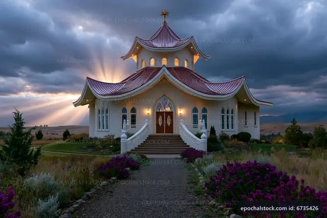 Beautiful building with unique architecture under cloudy sky