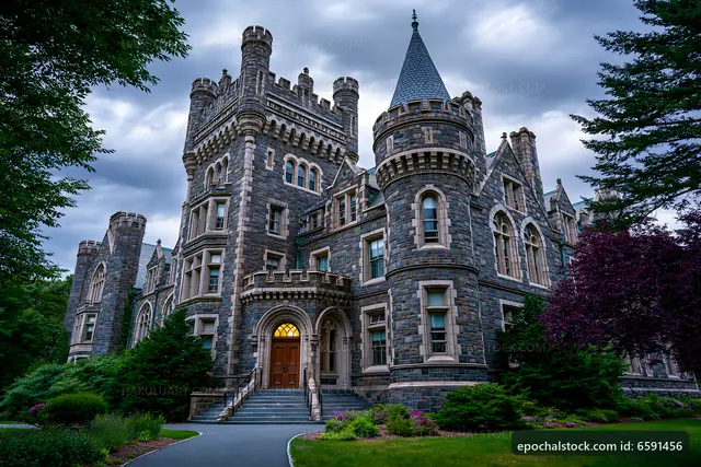 Historic stone castle with towers and lush greenery outside