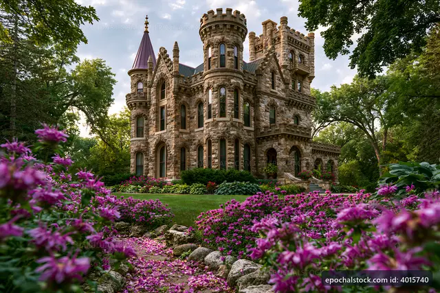 Historic stone castle surrounded by flowers