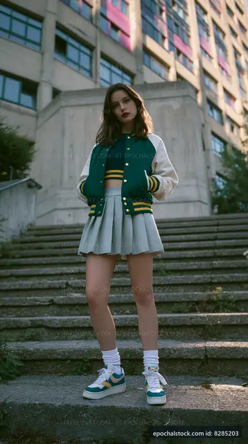 Girl in a varsity jacket stands on steps of a building