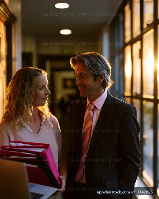Business colleagues talking in an office hallway during sunset