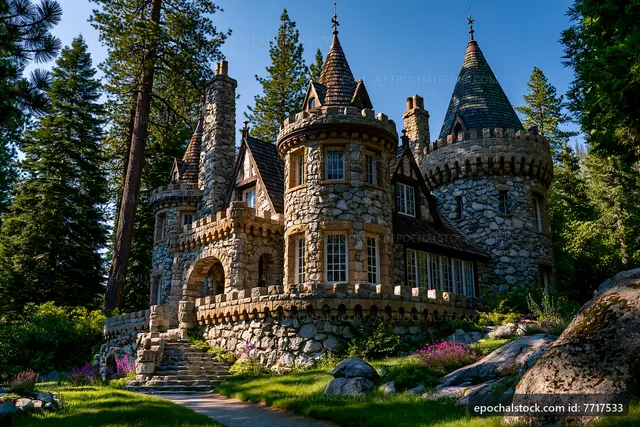 Stone castle surrounded by trees and a garden path