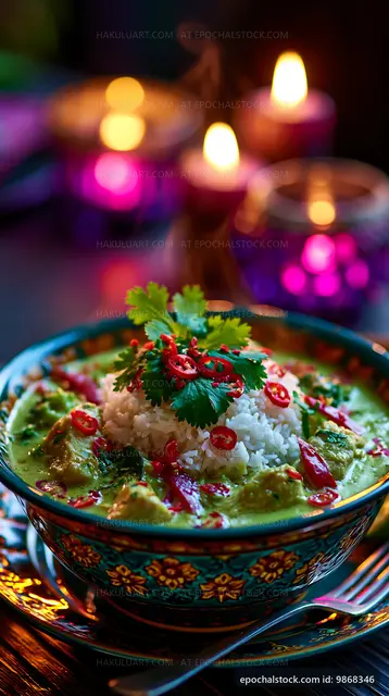 Green curry dish with rice and herbs on a decorative table