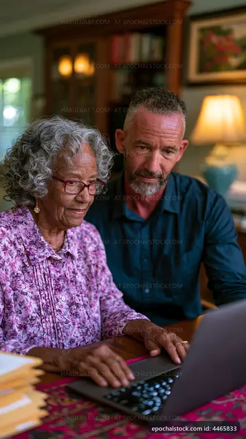 Older woman and man interacting with laptop at home