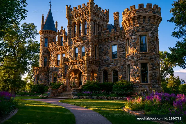 Historic stone castle surrounded by greenery and flowers