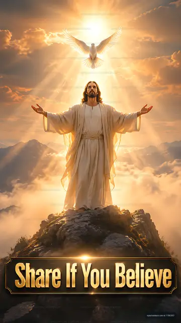 Jesus with arms raised and dove in bright sky
