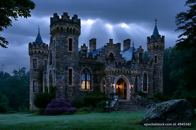 Castle surrounded by trees under a cloudy sky at dusk