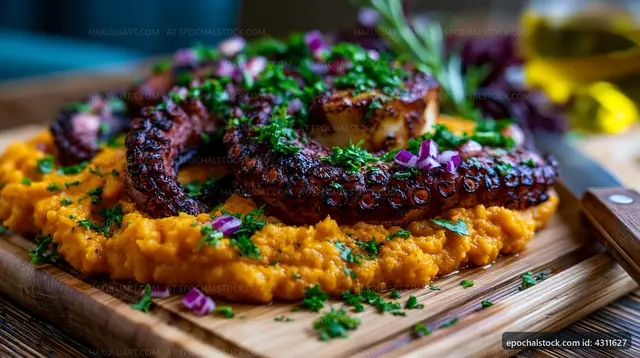 Grilled octopus served on orange mash with herbs