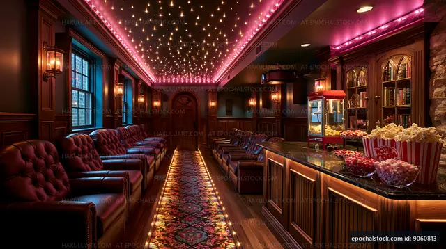 Cozy lounge with popcorn stand and soft lighting