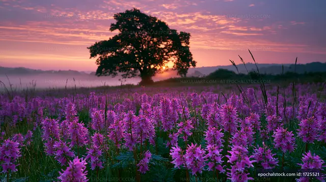 Sunrise over a field of purple flowers and a large tree