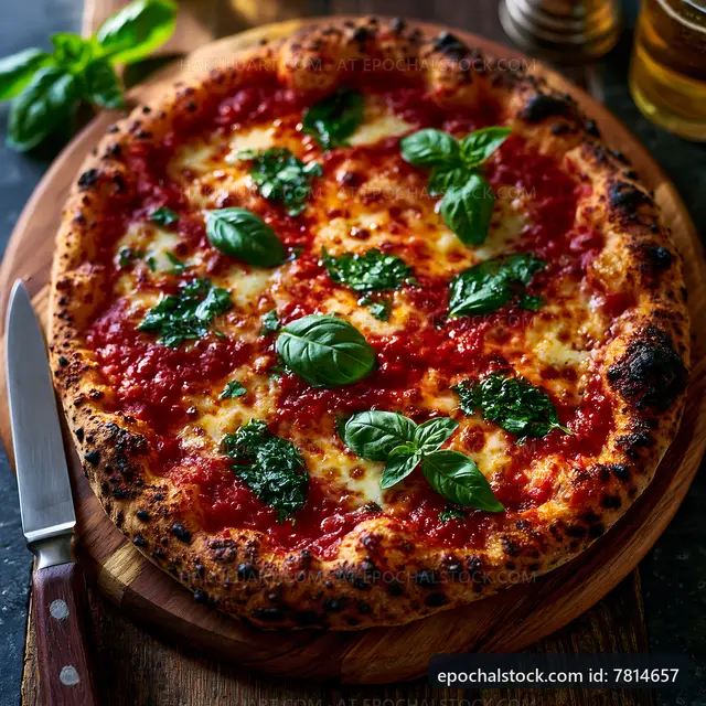 Freshly baked pizza with basil on a wooden board