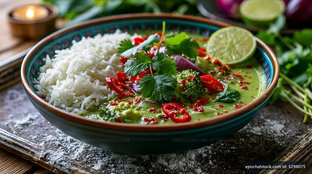 Green curry with rice, lime, and fresh herbs on a wooden table