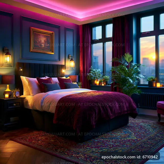 Cozy bedroom with evening city view and warm lighting