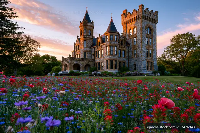 Historic castle on a garden with colorful flowers at sunset