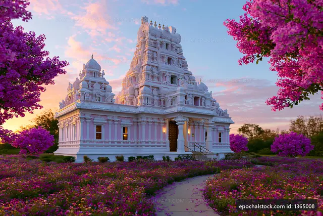 Beautiful temple surrounded by purple flowers at sunset