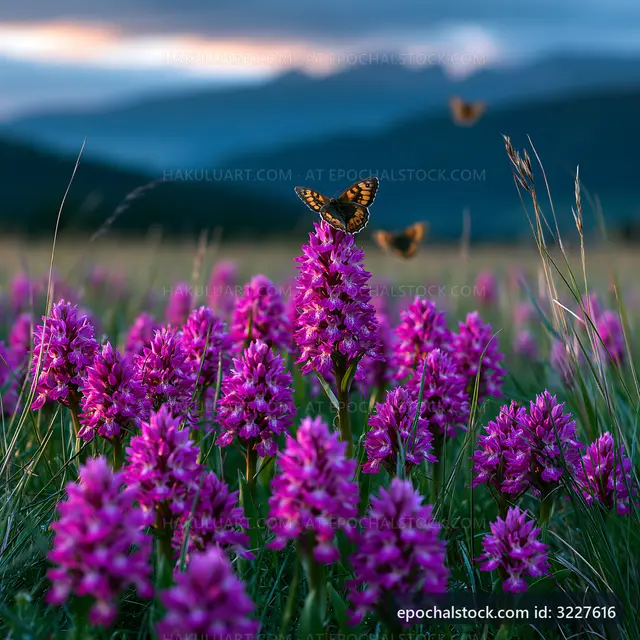 Flowers and butterflies in a field during sunset