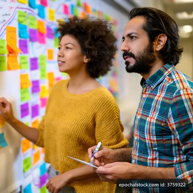 Team members collaborating with sticky notes in office space