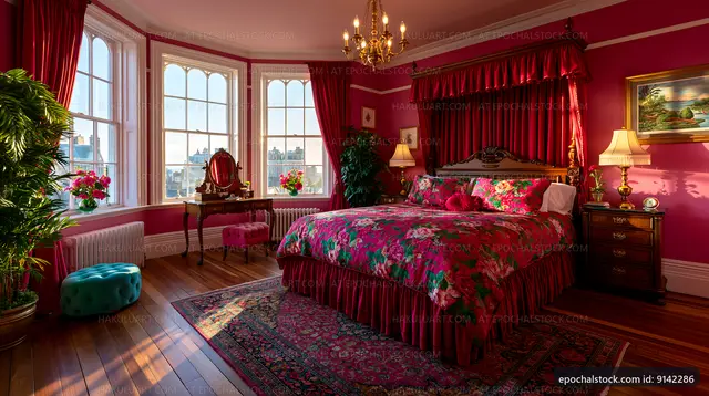 Bright bedroom with floral decor and large windows
