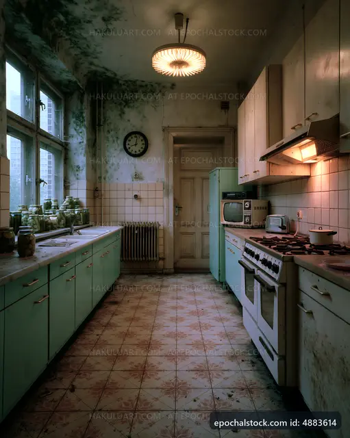 Old kitchen with peeling paint and rusty appliances