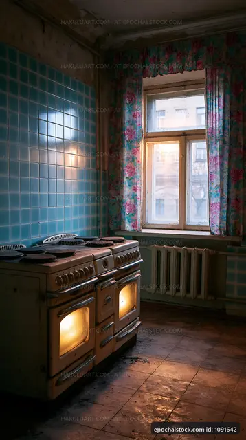 Vintage kitchen with two stoves and floral curtains by the window
