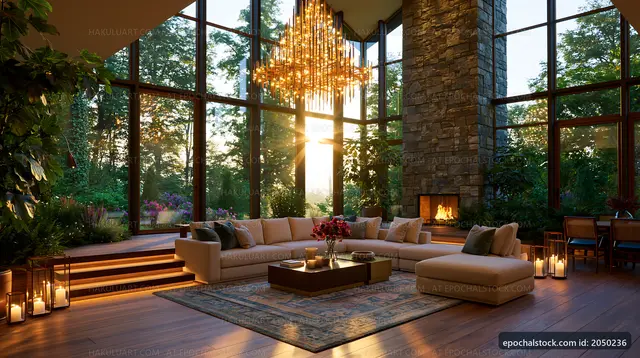 Cozy living room with large windows and sunset view