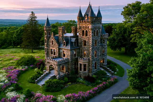 Castle surrounded by colorful flowers and green trees