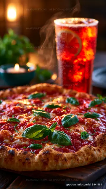 Delicious pizza with fresh basil and a drink on a rustic table