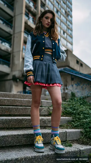 Girl in school outfit standing on stairs near building