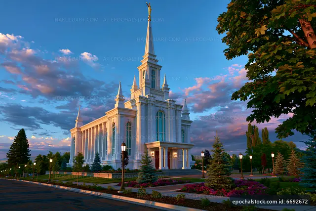 Modern church building with tall spire at sunset