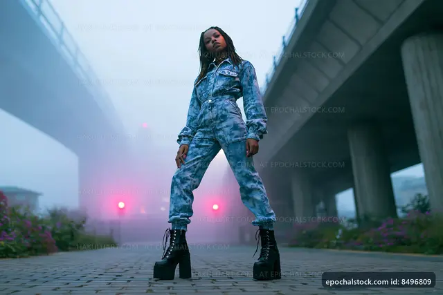 Model in blue outfit posing under a bridge in fog