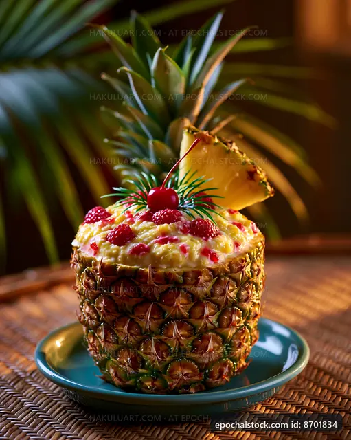 Pineapple dessert bowl with fruit and cherry on a table