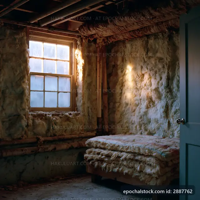 Old basement room with insulation and wooden bed frame