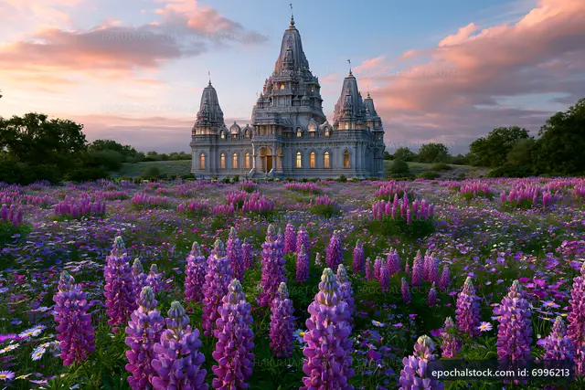 Beautiful temple surrounded by blooming flowers at sunset