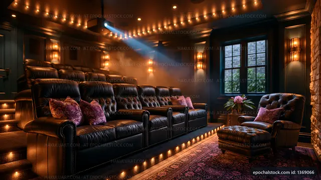 Home theater with comfortable seating and projector setup