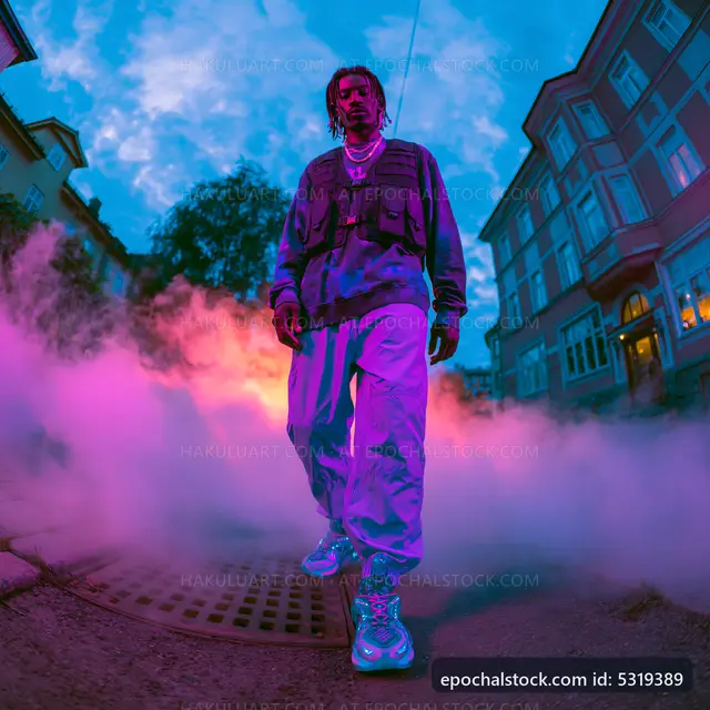Man standing in street surrounded by colorful smoke at dusk