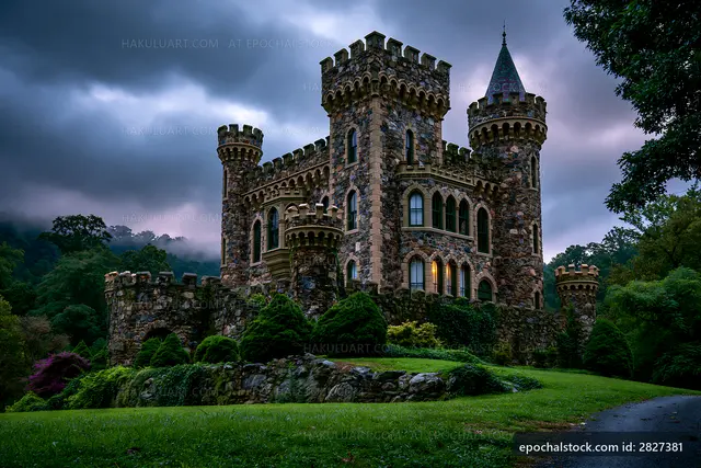 Stone castle under cloudy sky in wooded area