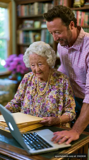Man assists senior woman with laptop in cozy home setting