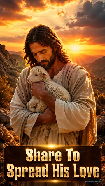 Man holding a sheep at sunset in a mountain landscape