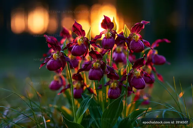 Purple flowers bloom at sunset in a forest setting