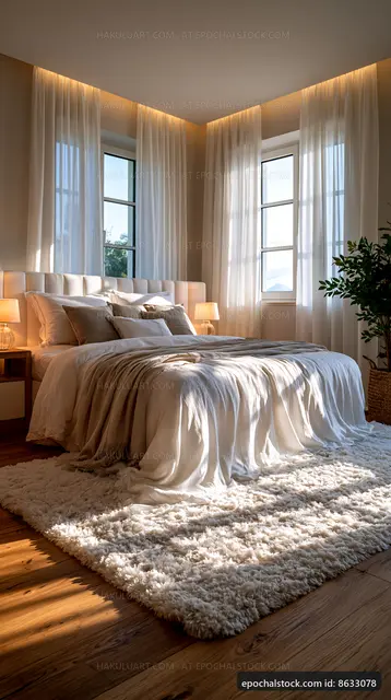 Bright bedroom with soft lighting and large windows
