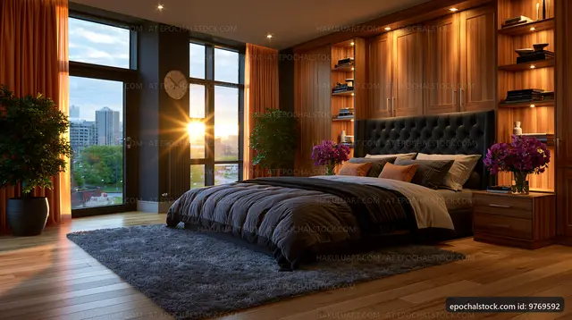 Modern bedroom with large windows and sunset view