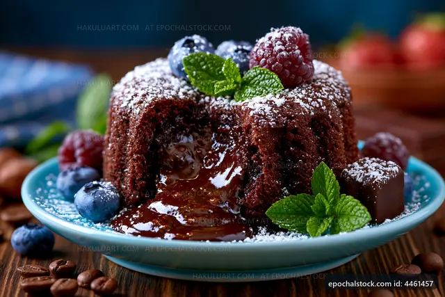Chocolate lava cake with berries and mint on a blue plate