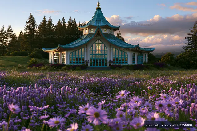 Lavender field with temple in the background at sunset