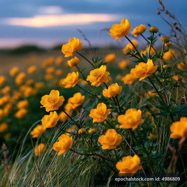 Yellow flowers blooming in a field at sunset
