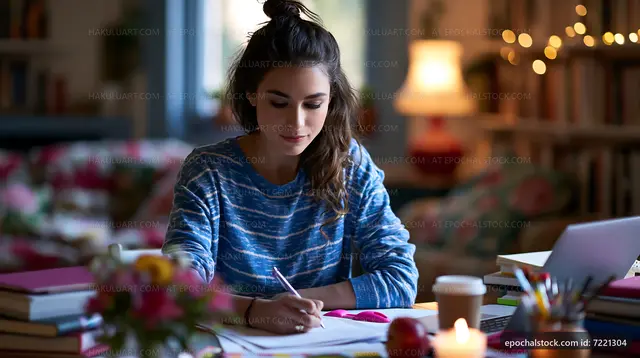 Young woman studying at home with books and notes around her