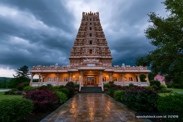Hindu temple under dark stormy clouds in the evening