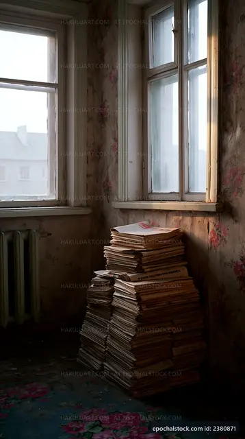 Old newspapers stacked by the window in an abandoned room