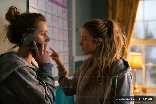 Two women discussing plans at home with a calendar