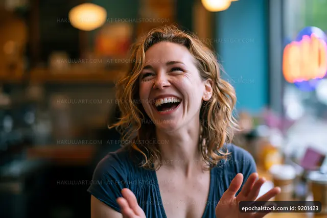 Woman laughing in a cafe with relaxed atmosphere